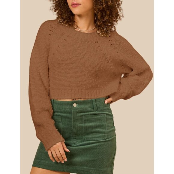 Women's Knit Crop Sweater Popcorn Texture Open Back Bow Tie Casual Chic - Picture 2 of 5